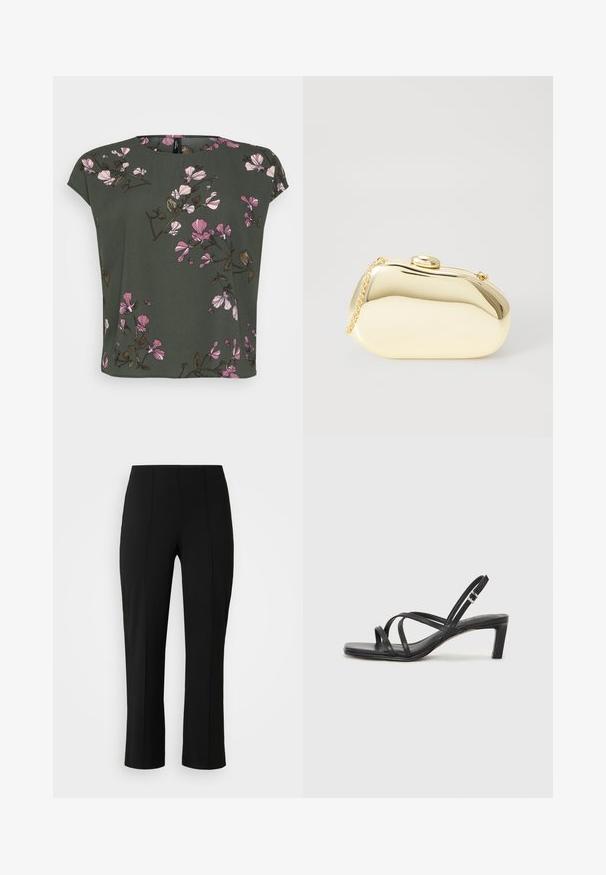 Krátky rukáv, olivovo zelený top s kvetinovým vzorom s ružovými a bielymi kvetmi. Mäkka látka s voľným strihom a okrúhlym výstrihom.; Vero Moda Curve VMCBECKY PULL ON - Nohavice - black; Čierne sandále na vysokom podpätku so štvorcovou špičkou a nízkym blokovým podpätkom. Obsahujú viacero tenkých popruhov a nastaviteľný členkový popruh. Vyrobené z hladkej kože.; Kovová zlatá kabelka s hladkým, zaobleným tvarom, ktorá má horné zapínanie na gombík a malý reťazový popruh na nosenie.