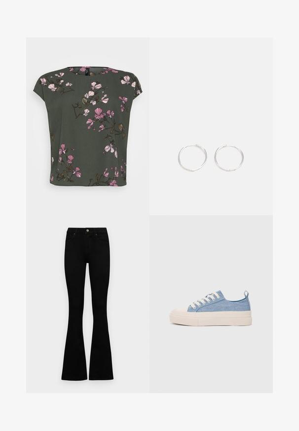 Haut à manches courtes, vert olive, avec un motif floral comportant des fleurs roses et blanches. Tissu doux avec une coupe décontractée et un col rond.; Jean noir taille haute avec fermeture à bouton et à zip, poches avant et jambes évasées, posés à plat sur un fond blanc.; Baskets en toile bleu clair avec une coque en caoutchouc crème et une semelle extérieure, dotées de lacets blancs et d'une languette au talon.; Boucles d'oreilles en argent avec un design rond et épuré, présentant une surface lisse et sans embellissements visibles. Diamètre non spécifié.