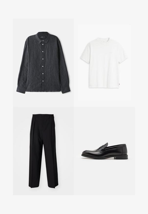 Sötétszürke vászon hosszúujjú ing, gombos gallérral, elülső gombolással, fehér gombokkal és laza szabással.; Fehér pamut póló rövid ujjakkal, kerek nyakkal és diszkrét Levi's logóval a középen. Puha tapintású és szabványos szabású.; Fekete, pliszírozott nadrág, egyenes, széles lábakkal. Sima anyagból készült, gombos záródással és övhurkokkal rendelkezik.; Fekete bőr loaferek sima textúrával, kerek orral és dekoratív pánttal a vampnál. Alacsony, rétegelt sarkú, minimalista dizájn.