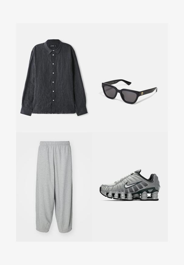 Sötétszürke vászon hosszúujjú ing, gombos gallérral, elülső gombolással, fehér gombokkal és laza szabással.; Világosszürke, laza szabású melegítőnadrág, puha anyagból. Rugalmas derékpánt és bokánál gumírozott szárak. Egyszerű és díszítés nélküli kialakítás.; Szürke és fekete Nike futócipő, látható rugós párnázással a talp alatt és fehér swoosh logóval az oldalon.; Fekete, fényes felületű, téglalap alakú napszemüveg sötét lencsékkel, arany színű fémrészekkel a szárakon, amelyeken a logo található.