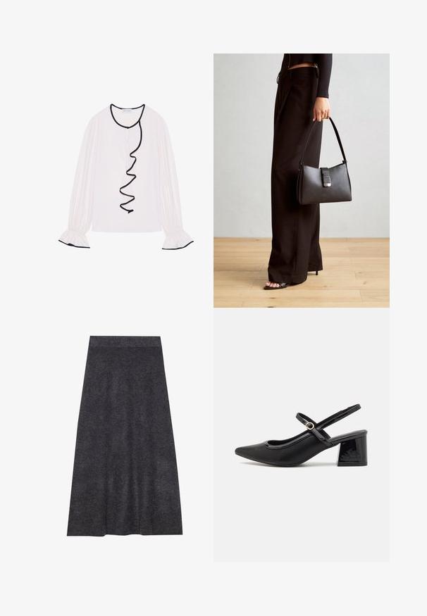 Lange mouwen blouse van lichtroze stof, met een gerimpelde zwarte afwerking langs de voorkant en manchetten met elastische details.; Donkergrijze, knielange gebreide rok met een zachte textuur en een tailleband. A-lijn silhouet met een gelijkmatige zoom, ontworpen voor comfort en veelzijdigheid.; Zwarte gepolijste leren slingback hakken met een spitse neus, een ronde uitsnede en een blokhak. Voorzien van een gouden gespaccent.; Zwarte handtas met gestructureerde vorm, gladde textuur en een metalen sluiting. Gecombineerd met brede zwarte broeken en sandalen met open teen op een houten vloer.