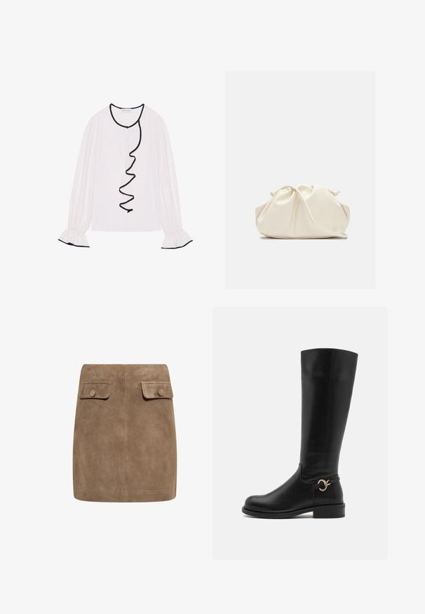 Küljest pikad varrukad heleda roosaga blousee, millel on musta volangiga ääris ees ja mansettides elastsed detailid.; Pruun nubuk mini seelik sujuva tekstuuriga, millel on kaks esimest klapikotti ja nupuväravad igal küljel. Lihtne, sirge disain.; Anna Field Wide Fit Saapad - black; Kreemi värvi pehme kunstnahast kott, millel on kokku volditud disain, reguleeritav rihm ja tagasihoidlik nöörrakendus. Sujuv tekstuur ja ümar kuju.