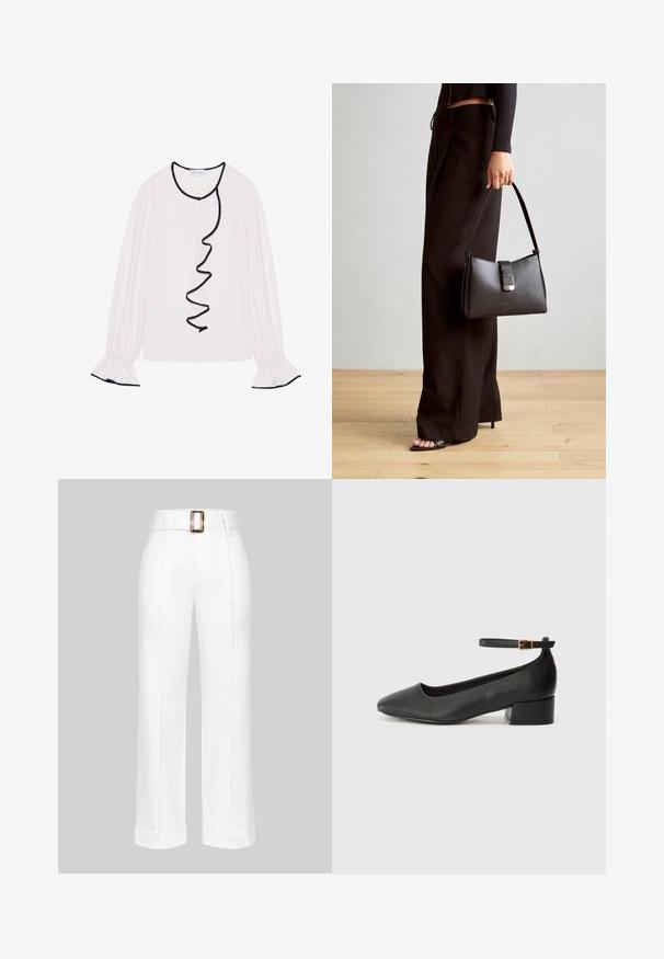 Long-sleeved blouse in light pink fabric, featuring a ruffled black trim along the front and cuffs with elasticized details.; White wide-leg trousers made of cotton. Features a high waist with a large rectangular belt buckle, and stitched detailing along the legs.; Black leather pump with a pointed toe and a low block heel. Features an ankle strap with a gold-tone buckle. Smooth texture.; Black handbag with structured shape, smooth texture, and a metallic clasp. Paired with wide black pants and open-toe sandals on wooden floor.