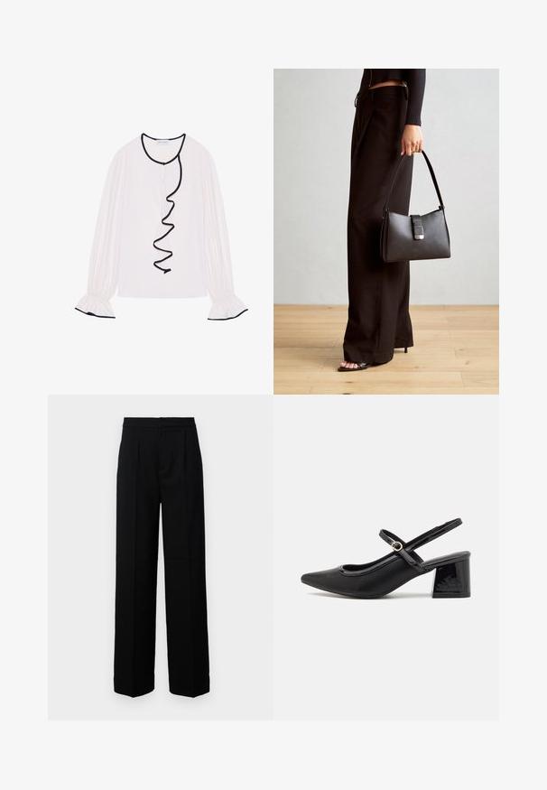 Lange mouwen blouse van lichtroze stof, met een gerimpelde zwarte afwerking langs de voorkant en manchetten met elastische details.; Zwarte wijd uitgesneden broek met een gladde textuur, voorzien van een rechte voorkant, plooien en een genaaide tailleband. Geen zichtbare hardware of patronen.; Zwarte gepolijste leren slingback hakken met een spitse neus, een ronde uitsnede en een blokhak. Voorzien van een gouden gespaccent.; Zwarte handtas met gestructureerde vorm, gladde textuur en een metalen sluiting. Gecombineerd met brede zwarte broeken en sandalen met open teen op een houten vloer.