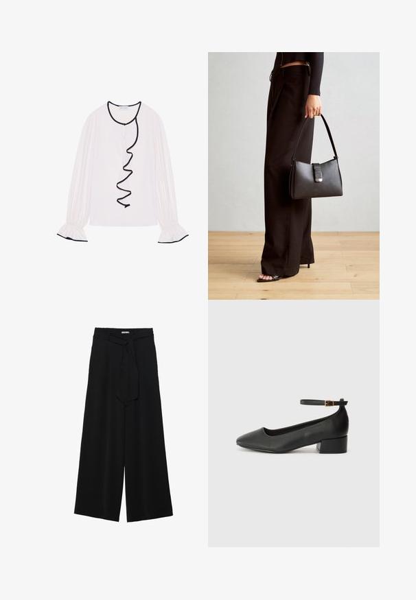 Langermet bluse i lyserosa stoff, med volangkant i svart langs fronten og ermene, samt detaljer med elastikk.; Svart vide bukser med teksturert stoff, elastisk midje og avtagbart belte som gir justerbar passform.; Sorte skinnpumper med spiss tå og lav blokkhelt. Har ankelrem med gullfarget spenne. Glatt tekstur.; Svart håndveske med strukturert form, jevn tekstur og metallisk lås. Kombinert med brede svarte bukser og sandaler med åpen tå på tregulv.