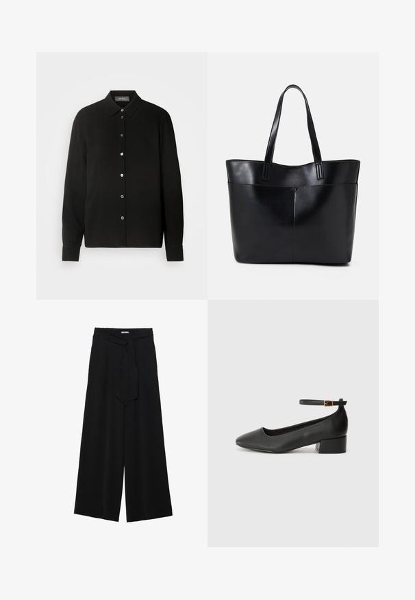 Black, long-sleeve shirt with a button-down collar and front button closure. Features a textured fabric with vertical stripes.; Black wide-leg pants featuring a textured fabric, an elastic waistband, and a detachable sash tie at the waist for adjustable fit.; Black leather pump with a pointed toe and a low block heel. Features an ankle strap with a gold-tone buckle. Smooth texture.; Black leather tote bag with two long handles, a smooth texture, and a structured shape. Features a front pocket for additional storage.