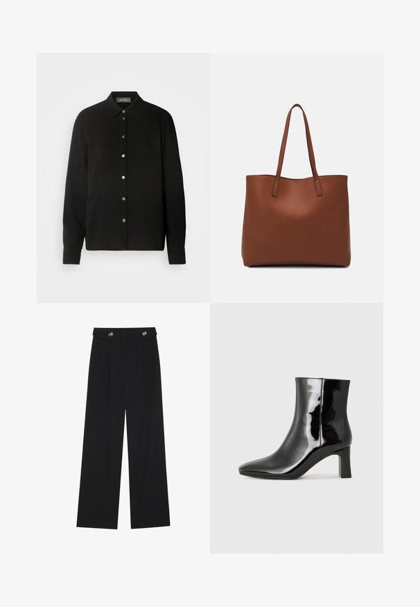 Crna košulja dugih rukava s ovratnikom na tipke i prednjim zatvaračem na gumbiće. Ima teksturiranu tkaninu s vertikalnim prugama.; Crne hlače širokih nogavica s visokim strukom, s dugmadi na pojasu i prednjim nabora.; Crne lakirane kožne gležnjače s šiljastim prstom i srednje visokom blok petom. Glatka tekstura i minimalistički dizajn.; Smeđa kožna torba preko ramena s glatkom teksturom, otvorenim vrhom i dvjema naramenicama. Ima minimalne šavove i nema vidljivog hardvera.