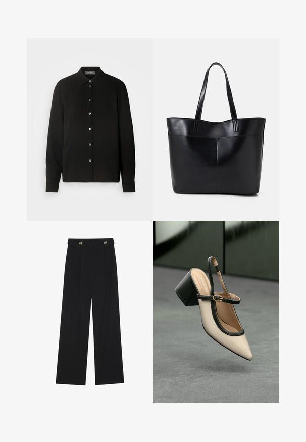Camicia nera a maniche lunghe con colletto button-down e chiusura frontale con bottoni. Presenta un tessuto testurizzato con righe verticali.; Pantaloni neri a gamba larga con vita alta, dettagli con bottoni in vita e pieghe frontali.; Scarpa slingback beige con tacco alto, punta appuntita, rifinitura nera e dettaglio con fibbia. Materiale liscio con finitura opaca, tacco a blocco medio.; Borsa a tracolla in pelle nera con due manici lunghi, una texture liscia e una forma strutturata. Presenta una tasca frontale per ulteriore spazio di archiviazione.
