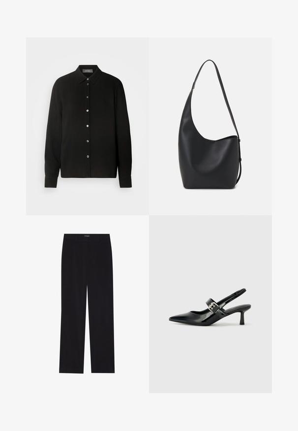 Črna dolgima rokavoma srajca z ovratnikom na gumb in sprednjim zapiranjem na gumbe. Ima teksturirano tkanino z navpičnimi črtami.; Črne kordurojske hlače ravnega kroja z ravnim pasom in brez vidnih žepov, gladke teksture ter z vertikalnimi rebrastimi detajli.; Črne patent usnjene slingback pete s koničastim nosom in majhnim blok peto, ki vključujejo srebrno zaponko na traku.; Črna usnjena hobo torba z gladko teksturo, ukrivljeno obliko in eno nastavljivo naramnico; ima širok odprtina na vrhu.