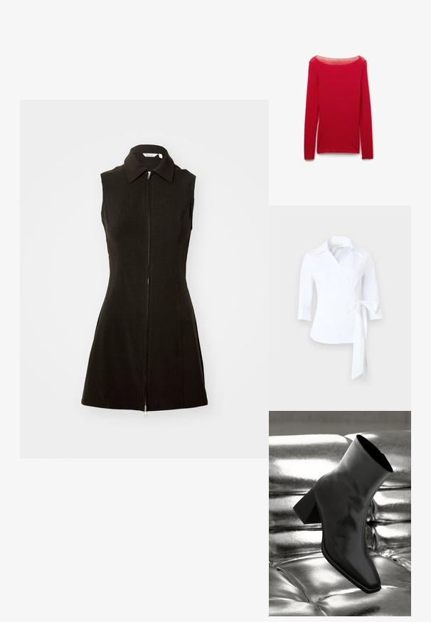 Witte wikkelblouse met driekwart mouwen, puntige kraag en een strik aan de rechterkant tegen een neutrale achtergrond.; Zwarte mouwloze jurk met een kraaghalslijn en een rits aan de voorkant, gemaakt van een gladde stof met een getailleerd silhouet en een uitlopende zoom.; Rode shirt met lange mouwen van zachte, lichte stof met een brede, boothals en een aansluitende pasvorm, met minimale stikseldetails.; Zwarte enkellaarsjes van glanzend materiaal met een vierkante neus en taps toelopende hak, afgezet tegen een glanzende zilveren gecapitonneerde achtergrond.