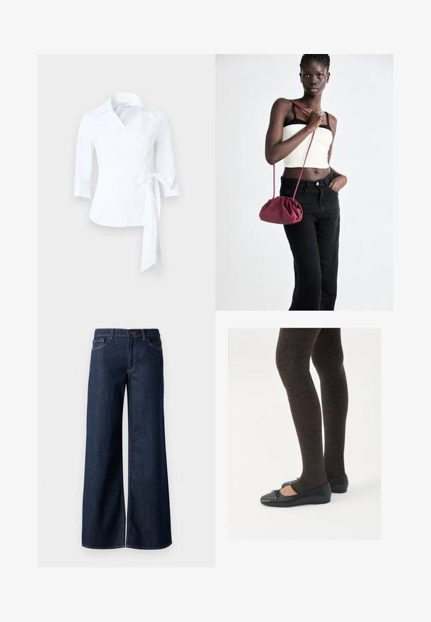 White wrap blouse with three-quarter sleeves, pointed collar, and tied waist bow on the right side against a neutral background.; Wide-leg jeans in dark blue denim. Features contrast stitching, five pockets, and a button closure at the waist. Smooth texture.; Black flat shoes with a small bow detail at the toe, paired with dark brown ribbed tights. Shoes have a smooth texture and low profile.; Burgundy soft fabric handbag with a gathered design and a long strap, worn crossbody. Model wears a white crop top and black jeans.