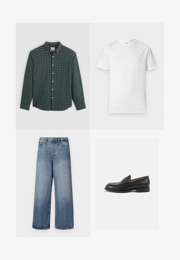 Langarm overhemd met groen, blauw en gele ruitpatroon, witte knopen en een opknopbare kraag.; Witte T-shirt met korte mouwen van zacht katoen. Heeft een ronde halslijn en een rechte zoom met minimale details.; Wijde blauwe denim jeans met een vervaagde was, vijf zakken en een knoopsluiting. Voorzien van riemlussen en gestikte details.; Zwarte leren loafers met een gladde afwerking, ronde neus en decoratieve stiksels op de wreef. Lage gestapelde hak en een lichte glans.