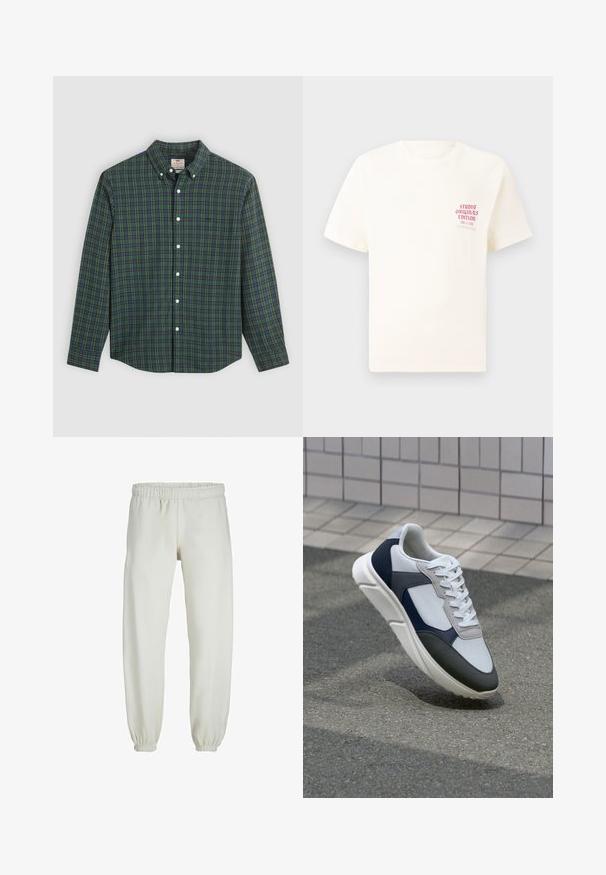 Košulja s dugim rukavima, s uzorkom karirane zelene, plave i žute boje, bijelim gumbima i zakopčanim ovratnikom.; Bijela kratka majica s kratkim rukavima s crvenim natpisom "Studio Originals Edition" na lijevoj strani grudi, prikazana na neutralnoj sivoj pozadini.; Bijele trenirke napravljene od mekanog materijala, s elastikom u struku i na manžetama, glatke teksture i labavog kroja.; Bijela, mornarsko plava i siva tenisica s dizajnom od miješanih materijala, koja ima teksturirani gornji dio, ravne vezice i udoban đon.