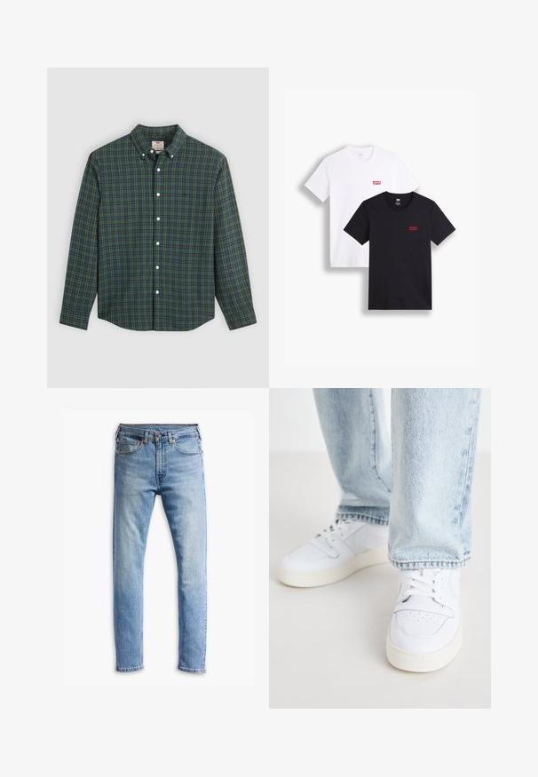Skjorta med lång ärm och knappar, i grön, blå och gul rutmönster, vita knappar och krage med knappar.; Två kortärmade t-shirts: en vit och en svart. Båda är tillverkade av bomull med en röd Levi's-logotyp på bröstet. Enkel design med rund hals.; Ljusblå denimjeans med rak design, fem fickor, knäppning med knapp och subtil blekning över tyget.; Vita lädersneakers i låg modell med perforerat tåparti, platta snörningar och minimalistisk design. I kombination med ljusblå denimjeans.