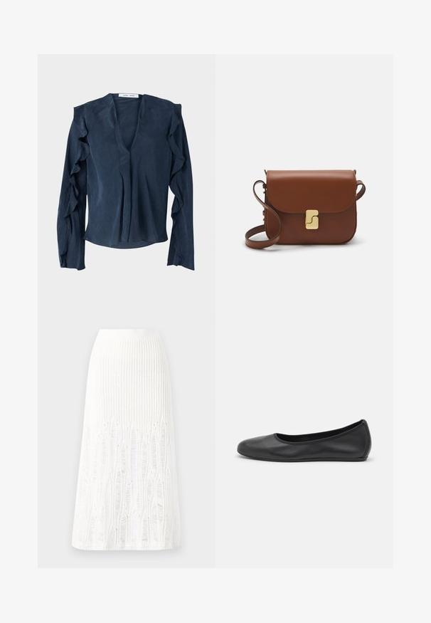 Chemisier bleu marine en tissu léger avec un décolleté en V profond, des manches longues avec des accents volantés et une coupe ample au niveau de l'ourlet.; Jupe midi en tricot blanche présentant un motif texturé avec des lignes verticales et des découpes près de l'ourlet. Taille élastique. Matériau doux.; Ballerines en cuir noir avec un bout rond, texture lisse, détails de couture minimalistes et design de semelle flexible.; Sac à main en cuir marron avec une fermeture à rabat, des accents en métal doré, une bandoulière et une texture lisse. Forme rectangulaire compacte.