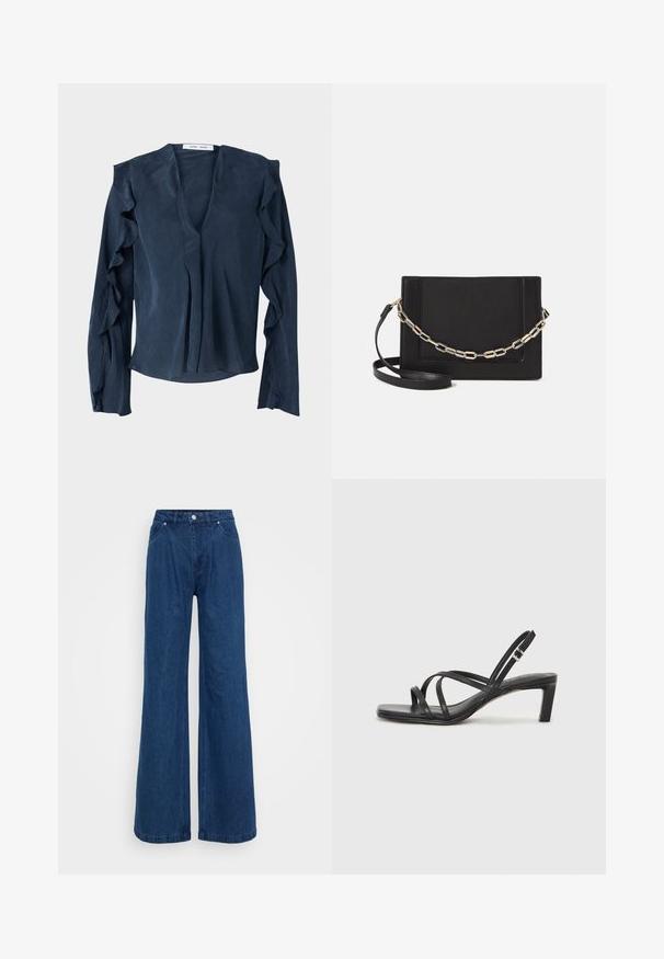 Granatowa bluzka z lekkiego materiału, z głębokim dekoltem w kształcie litery V, długimi rękawami z falbanami oraz luźnym krojem u dołu.; Niebieskie dżinsy o szerokich nogawkach z wysokim stanem, z przodu na guzik i zamek błyskawiczny, oraz kieszeniami z przodu i z tyłu na jednolitym tle.; Czarne sandały na obcasie z prostokątnym noskiem i niskim słupkowym obcasem. Posiadają wiele cienkich pasków i regulowany pasek na kostkę. Wykonane z gładkiej skóry.; Czarna skórzana torebka typu crossbody z gładką teksturą, prostokątnym kształtem oraz metalowym detalem w postaci łańcuszka z przodu. W zestawie regulowany pasek.; Srebrna obrączka podwójna z gładką, polerowaną powierzchnią. Posiada płynny, zakrzywiony kształt z nakładającymi się sekcjami, co nadaje nowoczesny wygląd.
