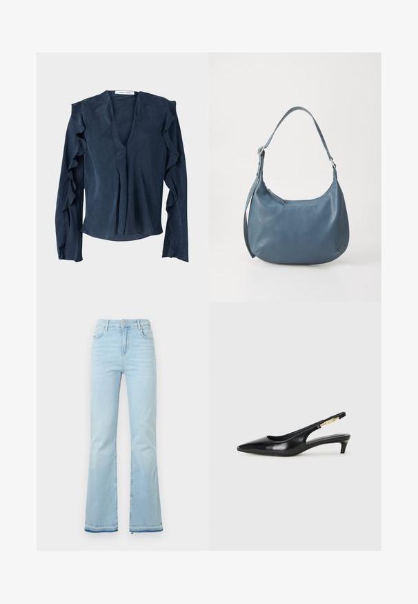 Námořnická modrá blůza z lehkého materiálu s hlubokým výstřihem do V, dlouhými rukávy s volánkovými detaily a volným střihem na spodním lemu.; Světle modré rozšířené džíny vyrobené z denimové látky, s vysokým pasem, předními kapsami a surovým lemem na manžetách pro uvolněný vzhled.; Černé kožené boty na podpatku s otevřenou patou a špičatou špičkou, s tenkým podpatkem a zlatým akcentem na nastavitelném pásku. Hladký povrch.; Modrá kožená kabelka s oblámi tváři, jedním ramenním popruhem, zipovým uzavřením a embosovaným názvem značky na přední straně. Hladký povrch.