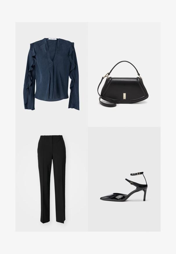 Tumesinise sinine pluus kergest kangast, mis on varustatud sügava V-kaelusega, pika varrukaga, millel on volangid, ning lohvaka äärisega.; Mustad ja sirged püksid, millel on sile tekstuur ja teravad voldid esiosas. Ilma nähtavate detailideta.; Mustad nahast mustad kontsad terava ninaga, reguleeritavate pahkluu rihmade ja õhukese kontsaga. Sile tekstuur läikiva viimistlusega.; Must mustrist käekott, millel on struktureeritud disain, lühendatud kuju, ülemine käepide ja kuldne metallist detail. Reguleeritav õlalihm on kaasas.