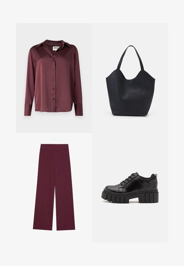Bordo ilga rankovė šilko marškiniai su apykakle, priekiniais mygtukais ir lygia tekstūra. Turi laisvą siluetą ir apvalią apatinę dalį.; Plati kelnės tamsiai burgundiškoje spalvoje, pagamintos iš raštuotos medžiagos. Yra minkštas, elastingas liemuo ir sklandi tekstūra.; Juodi odiniai platformos batai su masyviu blokuota kulniuku, apvalia nosimi ir tradiciniu šnypštimo dizainu. Turintys glotnų paviršių ir minimalų dekoravimą.; Juodas rankinės maišelis, pagamintas iš lygaus odos, su išlenktu atviru viršumi, dviem petinėmis dirželis ir minimalistiniu dizainu.
