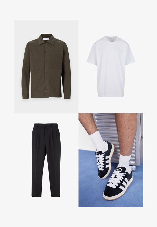 Cămașă verde închis, cu mâneci lungi, dintr-un material neted, având un guler ascuțit, butoane frontale și două buzunare pe piept.; Tricou alb din bumbac cu mâneci scurte, decolteu rotund, croială lejeră și fără logo-uri sau modele vizibile. Textură netedă și design minimalist.; Pantaloni negri cu un design față plisată, fabricați dintr-un material neted. Prezintă un închidere cu nasture și brâuri; croială dreptă.; Adidași negri din suede cu șireturi albe și trei dungi albe. Au un logo circular negru pe limbă și o talpă din cauciuc de tip gumă.