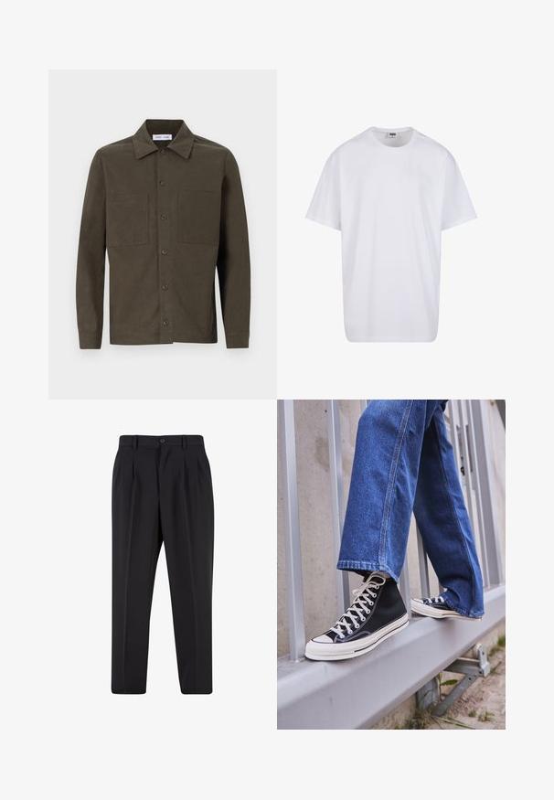Tummanvihreä, pitkähihainen paita, joka on valmistettu sileästä kankaasta. Paidassa on terävä kaulus, etupainikkeet ja kaksi rintataskua.; Valkoinen puuvillainen t-paita, jossa on lyhyet hihat, pyöreä kaula-aukko, rento istuvuus ja ei näkyviä logoja tai kuvioita. Sileä pinta ja minimaalinen muotoilu.; Mustat housut, joissa on laskostettu etuosa, valmistettu sileästä kankaasta. Varustettu nappikiinnityksellä ja vyölenkeillä; suora lahje.; Mustat high-top tennarit valkoisella pohjalla ja nauhoilla, yhdistettynä väljään sinisiin farkkuihin, lepäävät harmaalla kaiteella.