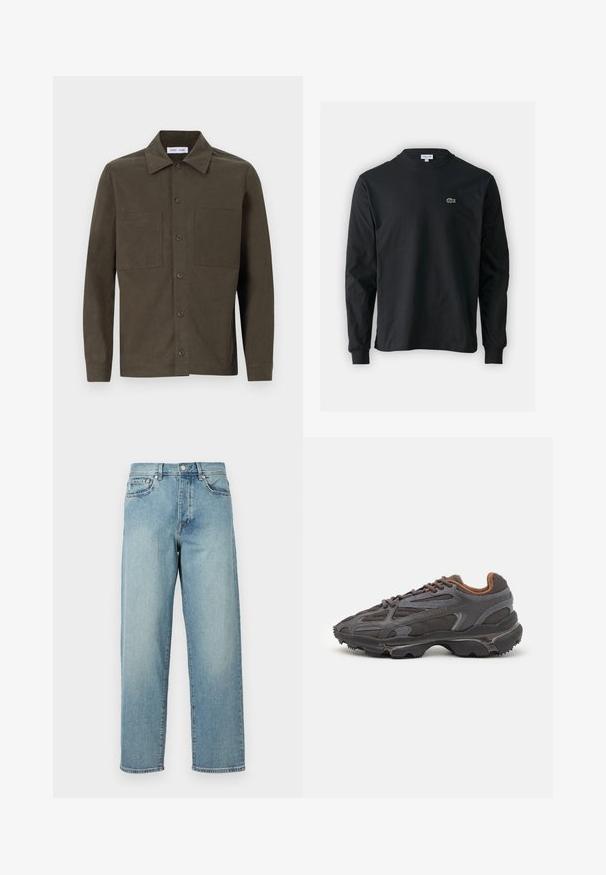 Sötétzöld, hosszú ujjú ing sima anyagból, hegyes gallérral, elől gombokkal és két mellzsebbel.; Fekete hosszú ujjú pamut póló, kerek nyakkivágással, bal mellen egy kis zöld hímzett krokodil logóval.; Világoskék farmernadrág laza szabással, egyenes lábakkal, öt zsebes dizájnnal és gombos derékkal. Minimalista varrási részletek.; Sötét szürke Lacoste sportcipők hálós és szintetikus anyagból, textúrázott talppal és barna díszítésekkel a nyak részen és a logón.