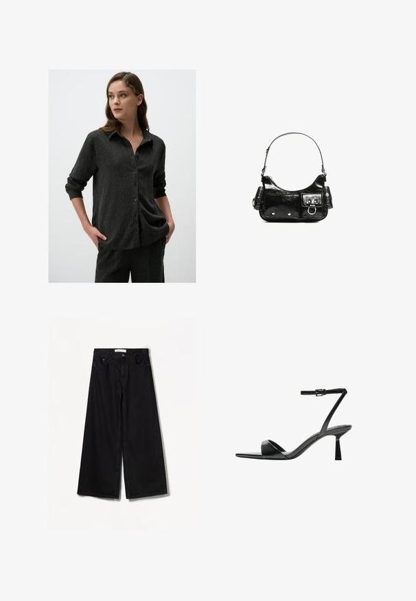 Zwarte textuur knoopshirt met een kraag en lange mouwen opgerold bij de manchetten, met verticale strepen en een relaxte pasvorm.; Bershka WIDE-LEG - Wide leg - black; Bershka Sandalen met hoge hak - black; Zwarte laarzen in lakleer met een gebogen vorm, één schouderband, voorvakken en accenten in zilverkleurig metaal.