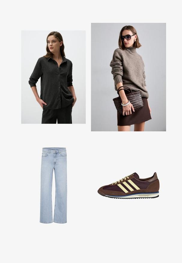 Zwarte textuur knoopshirt met een kraag en lange mouwen opgerold bij de manchetten, met verticale strepen en een relaxte pasvorm.; Lichtblauwe wijde jeans gemaakt van denim. Beschikt over ceintuurlussen, een vijf-pocket ontwerp en gestikte accenten langs de naden.; Bruine en bordeauxkleurige sneaker van suede en mesh materiaal, met drie crèmekleurige strepen, een gemêleerd stof op de tong en een rubberen zool.; DRAGON DIFFUSION MINI FLAT GORA - Handtas - dark brown