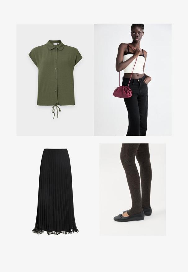 Short-sleeve, olive green blouse with a collar, front buttons, and a tie detail at the hem, made from a lightweight, textured fabric.; Black pleated maxi skirt made of lightweight fabric with a flowing design. Features a ruffled hem and elastic waistband for comfort.; Black flat shoes with a small bow detail at the toe, paired with dark brown ribbed tights. Shoes have a smooth texture and low profile.; Burgundy soft fabric handbag with a gathered design and a long strap, worn crossbody. Model wears a white crop top and black jeans.