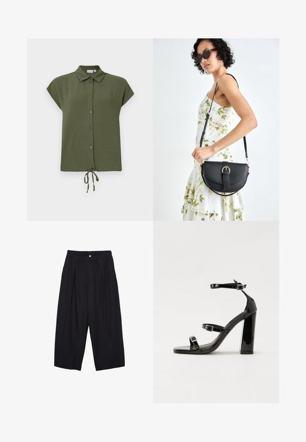 Kratkoročna olivno zelena bluzica s kragnico, sprednjimi gumbi in detajlom z vezavo na robu, izdelana iz lahkega, teksturiranega materiala.; Črne poliesterske culotte hlače z elastičnim pasom, dvema sprednjima nabiranjema in ohlapnim krojem. Brez vidnih vzorcev ali kovinskih detajlov.; Črne lakirane sandale s peto, kvadratnim prstom, trakovi okrog gležnja in srebrnimi zaponkami. Opremljene so s stabilno Debelo peto.; Črna usnjena torbica s ukrivljeno obliko, z odstranljivo naramnico in zlatimi dodatki. Torbica ima pokrov s podrobnostmi v obliki zaponke.