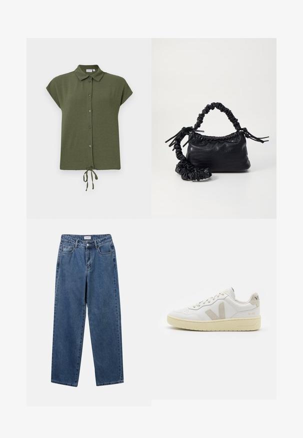 Short-sleeve, olive green blouse with a collar, front buttons, and a tie detail at the hem, made from a lightweight, textured fabric.; Classic blue denim jeans with a straight-leg design, five pockets, and a button closure. Features a medium wash and sturdy texture.; White leather sneaker with beige suede accents, perforated toe box, flat laces, and a textured cream sole. Features subtle branding on heel.; Black faux leather handbag with a crocodile texture, cinched top, and a scrunched strap. Appears soft and compact in design.