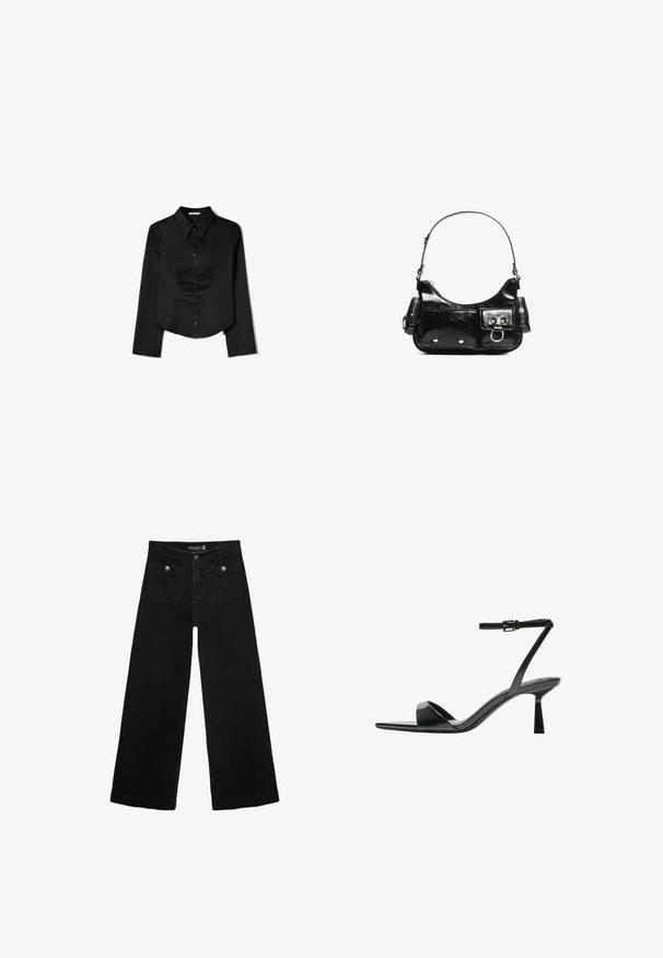 Černá košile s dlouhým rukávem vyrobená z hladké látky, zahrnující špičatý límec, přední zapínání na knoflíky a zkrácený lem se bočními rozparky.; Černé široké džíny s vysokým pasem, obsahující dvě přední kapsy a kovové knoflíkové detaily. Látka má hladkou texturu.; Bershka Sandály na vysokém podpatku - black; Černá lakovaná kožená kabelka s křivkovým tvarem, jedním ramenním popruhem, předními kapsami a stříbrnými kovovými detaily.