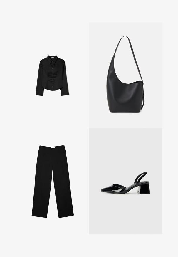 Black long-sleeve shirt made from smooth fabric, featuring a pointed collar, front button closure, and a cropped hem with side slits.; Wide-leg trousers in black fabric, featuring a smooth texture, clean design, and a discreet side zipper for closure.; Black patent leather slingback heels with a pointed toe and a geometric block heel. Features a sleek, minimal design and smooth texture.; Black leather hobo bag with a smooth texture, curved shape, and single adjustable strap; features a wide opening at the top.