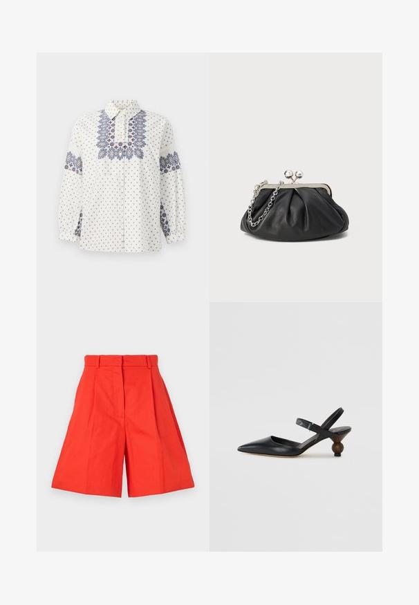 Cămașă albă cu broderie florală albastră și bordeaux pe față și mâneci. Are un guler cu nasturi și mâneci lungi, volanțate.; Shorts roșii din bumbac, cu talie înaltă, prezentând plisse-uri și o siluetă largă. Textură netedă și linii curate. Fără buzunare sau ornamente.; Sandal din piele neagră cu vârf ascuțit, design curbat și toc rotund asemănător cu lemnul. Dispune de o curea îngustă la gleznă.; Clutch din piele neagră cu textură plisată, cadru din metal de ton argintiu, închidere tip kiss-lock și curea din lanț. Suprafață netedă și moale.
