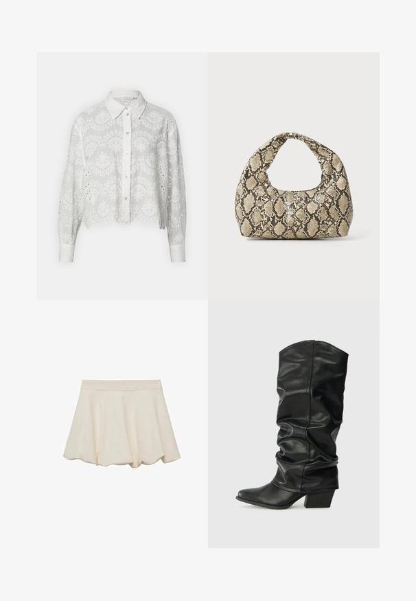 Valkoinen lyhennetty nappipaita, jossa on brodeerattuja kukkakuoseja, kaulus ja pitkät hihat, ja reunoilla on rei'itettyjä koristeita.; Hame vaale beige-värinen, pehmeä ja sileä tekstuuri, levenevä muotoilu ja aaltomaisesti leikattu helma. Varustettu leveällä elastisella vyötärönauhoilla mukavuutta varten.; Mustat nahkaiset polvipituiset saappaat, joissa on renksumainen muotoilu, terävä kärki ja paksu korko, jotka omaavat sileän pinnan ja minimaalisen ompeleen.; Käärmeennahkakuosiset käsilaukku, jossa on kaareva kahva. Tehty teksturoiduista beigeistä ja ruskeista materiaaleista, joissa on erottuva timanttikuvio.