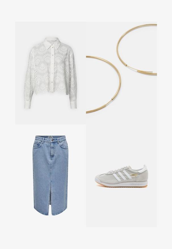 Biała krótka koszula na guziki z haftowanymi wzorami kwiatowymi, kołnierzykiem i długimi rękawami, z wcięciami w kształcie oczek wzdłuż krawędzi.; Jasnoniebieska spódnica dżinsowa z prostym krojem, rozcięciem z przodu, pięcioma kieszeniami oraz zapięciem na zamek błyskawiczny i guzikiem.; Jasnoszare sneakersy wykonane z zamszu i siateczki, z trzema białymi paskami, okrągłym noskiem i gumową podeszwą. Złoty akcent logo w pobliżu sznurowadeł.; Złote kolczyki w kształcie cienkich okrągłych obręczy, o gładkim metalicznym wykończeniu, bez zdobień czy wzorów.
