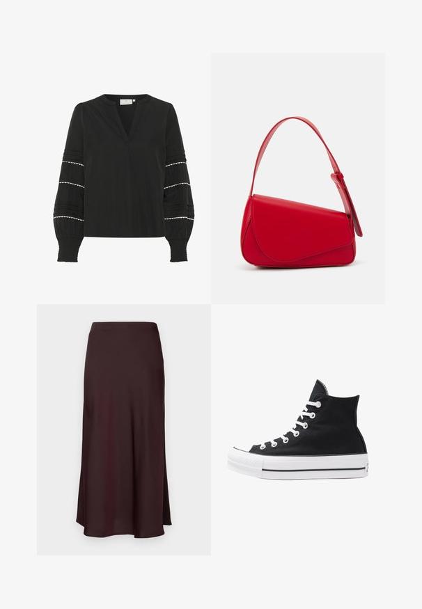 Sort bluse med V-hals, lange pufærmer med hvidt scallopkant og lodrette plisseringer, lavet af letvægtsstof.; Burgunder satin midi-nederdel med en glat tekstur, lige pasform og en let udvidet kant. Ingen synlige mønstre eller hardware-detaljer.; Højtop sort lærredssko med hvide øjetter, snørebånd og gummisål. Har en tekstureret tåhætte og sorte og hvide stribe-accenter.; Rød læderhåndtaske med et kantet, geometrisk design. Har en enkelt justerbar rem og en klaplukning med syede detaljer.