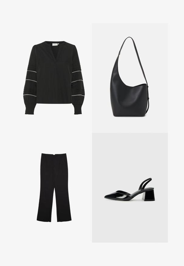 Črna bluzica z V-izrezom, dolgimi napihnjenimi rokavi, ki imajo belo valovitino in vertikalne naborke, izdelana iz lahkotnega materiala.; Črne hlače ravnega kroja z naglavnimi žepi in stranskimi razporki na robu. Narejene iz mehke, gladke tkanine. Primerne za različne priložnosti.; Črne lakirane slingback pete s koničastim nosom in geometrijsko blokasto peto. Imajo eleganten, minimalističen dizajn in gladko teksturo.; Črna usnjena hobo torba z gladko teksturo, ukrivljeno obliko in eno nastavljivo naramnico; ima širok odprtina na vrhu.