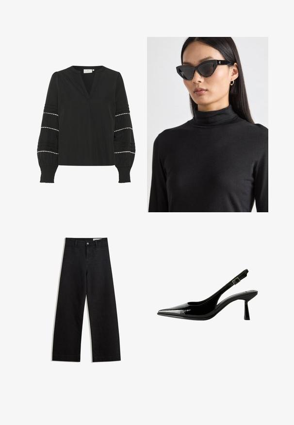 Sort bluse med V-hals, lange pufærmer med hvidt scallopkant og lodrette plisseringer, lavet af letvægtsstof.; Sorte wide-leg denim bukser med høj talje, der har front- og baglommer, syede sømme og en knaplukning. Glat tekstur.; Sorte patenterede lædersandaletter med spids tå, udskårne sider, justerbar ankelstrop og en tynd, slank hæl.; Sorte cat-eye solbriller med mørke linser, teksturerede sorte stel og subtile glitrende detaljer. Modellen bærer en sort turtleneck.; Sort patenteret læder håndtaske med en buet form, en skulderrem, frontlommer og hardware accenter i sølvfarve.