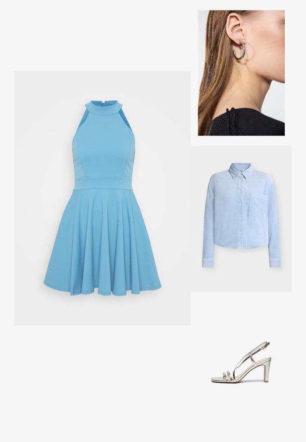 Camisa de pana azul claro con cuello clásico, mangas largas, bolsillo frontal y cierre de botones. Presenta un patrón acanalado texturizado.; Vestido sin mangas de color azul claro con un escote alto, cuerpo ajustado y falda acampanada. Confeccionado con una tela suave y un diseño plisado.; Sandal de tacón alto en plateado metálico con punta abierta, que presenta tres tiras finas a lo largo del pie y una tira en el tobillo con hebilla.; Bolso de mano metálico dorado con una textura suave, que presenta un cierre de solapa triangular. La mano que lo sostiene tiene las uñas bien cuidadas.; Pendiente de aro de plata con un acabado pulido, que presenta pequeños detalles en dorado y una forma redonda, llevado en el lóbulo.