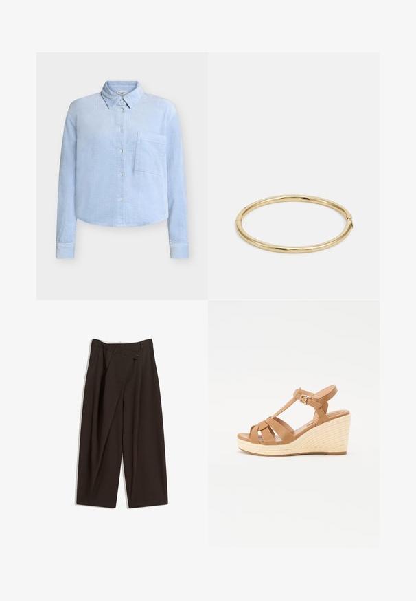 Lichtblauw ribfluwelen overhemd met klassieke kraag, lange mouwen, voorzak en knoopsluiting. Voorzien van een gestructureerd ribbelmotief.; Donkere bruin wijde broek met een hoge taille, voorzien van een enkele knoopsluiting en een geplooide voorkant. Gemaakt van lichtgewicht stof.; Tan wedge sandalen met een kruisbandontwerp, verstelbare enkelgesp en een gestructureerde geweven espadrille-achtige wig.; Gouden bangle armband met een gladde, glanzende afwerking, met een ronde vorm en een subtiele sluiting.