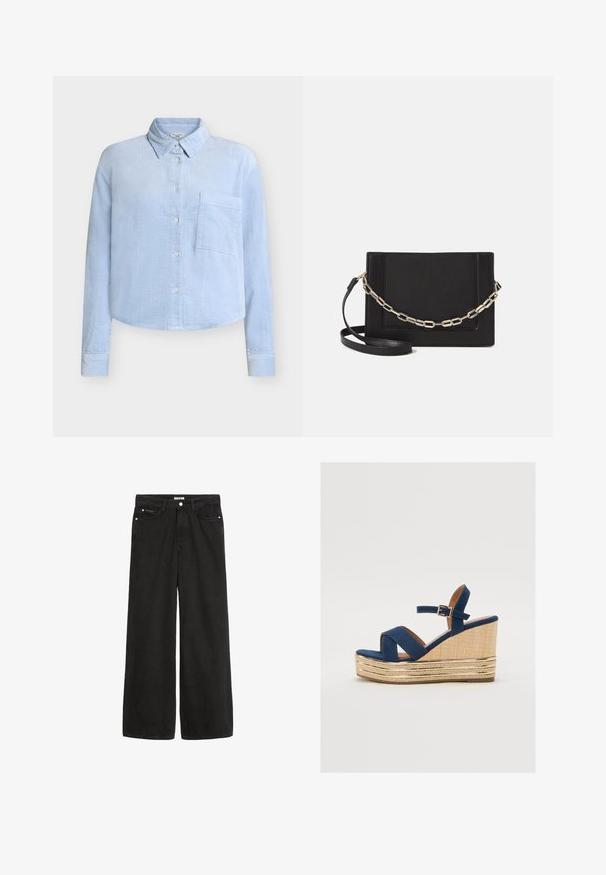 Camicia in velluto a coste azzurro chiaro con colletto classico, maniche lunghe, taschino frontale e chiusura con bottoni. Presenta un motivo a coste dalla trama testurizzata.; Jeans in denim nero a gamba larga con vita alta. Presentano cinque tasche, accessori metallici e una finitura pulita. La texture è liscia e morbida.; Sandalo con zeppa blu navy, con cinturini incrociati, una piattaforma in fibra naturale testurizzata e un accento metallico dorato alla base.; Borsa a tracolla nera in pelle con una texture liscia, forma rettangolare e dettaglio in catena metallica sul davanti. Inclusa una tracolla regolabile.