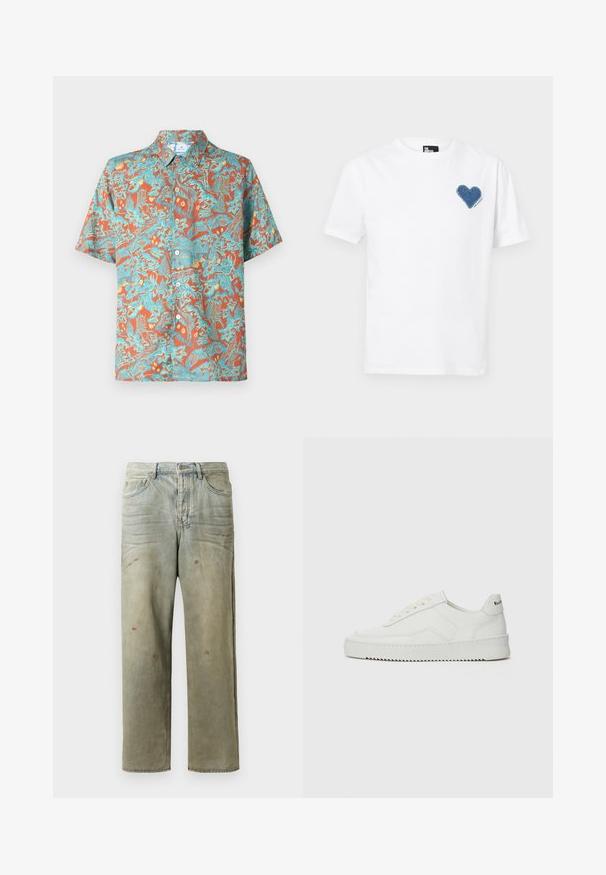 Īsām piedurknēm pogājama krekla oranžā krāsā ar sarežģītu zilu un dzeltenu rakstu, ar apkakli un brīvu piegulšanu.; Baltas kokvilnas T-krekls ar zila džinsa sirdīšu aplikāciju kreisajā krūtī. Īsas piedurknes un klasiskā apaļā izgriezuma forma.; Izsistās džinsās gaisā zaļā krāsā, ar taisnu kāju, piecu kabatu dizainu un nevienmērīgu izbalēšanu, kā arī krāsas šļakatas.; Baltas ādas sneakers ar gludu virsmu, apaļu pirkstu daļu, plakaniem šņorēm un teksturētu zoli. Satur diskrētu logotipu uz papēža.