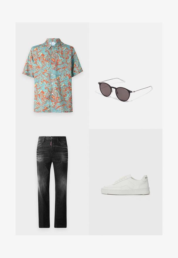 Rövid ujjú, narancssárga gombos ing, bonyolult kék és sárga mintákkal, gallérral és laza fazonnal.; Fekete farmernadrág egyenes szabással. Fakadó területek, kisebb kopások, klasszikus öt zsebes kialakítás és gombos zárás jellemzi.; Fehér bőr sportcipő sima felülettel, kerek orral, lapos fűzőkkel és texturált talppal. Finom logó található a sarokon.; Fekete kerek napszemüveg sötét lencsékkel és karcsú fém szárakkal. Átlátszó szárvégeket és ezüst részleteket tartalmaz az ívnél. Minimalista dizájn.