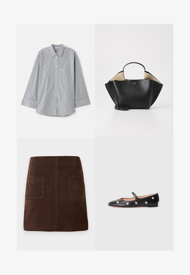 Sinise ja valgete triipudega nööbitav särk. Omab klassikalist kraed, pikki varrukasid, rinna taskut ja nööpidega mansette.; Pruun seemisabal, millel on klassikaline A-linja kuju, kaks eesmist taskut ümarate klappidega ja peened tikandi detailid.; Must naar mustast valmistatud Mary Jane lamedad jalanõud, ümarate varvastega, hõbedaste ümmarguste nupukestega ja reguleeritava rihmaga, millel on klamber.; Ree Projects ANN TOTE MINI - Käekott - black