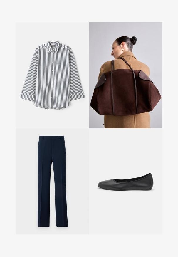 Cămașă cu nasturi în dungi albastre și albe. Are un guler clasic, mâneci lungi, un buzunar pe piept și manșete cu nasturi.; Pantaloni bleumarin din material neted, cu un design drept, dotat cu pliuri frontale și buzunare laterale pentru un aspect elegant.; Balerini din piele neagră, cu vârf rotund, textură netedă, detalii de cusătură minimale și un design al tălpii flexibil.; Geantă din suede maro cu accente de piele închisă, având o formă structurată și două curele, purtată pe umăr lângă un palton bej.