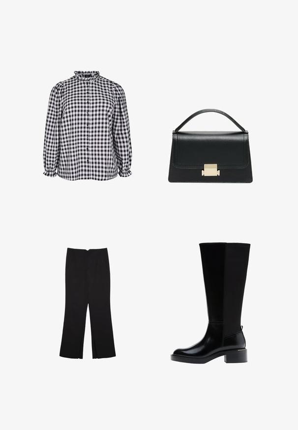 Schwarz-weiße kariierte Bluse mit Rüschkragen, Knopfleiste vorne und Puffärmeln mit elastischen Bündchen. Strukturierter Stoff.; Schwarze Hose mit geradem Schnitt, ausgestattet mit Fronttaschen und Seitenschlitzen am Saum. Hergestellt aus weichem, glattem Stoff. Geeignet für verschiedene Anlässe.; Schwarzer kniehoher Stiefel aus glattem Leder, mit markanten Nähten, klobigem Absatz und einer strukturierten Rückseite für zusätzlichen Akzent.; Schwarze Lederhandtasche mit strukturiertem Design, oberem Griff und einem goldenen Metallschnappverschluss auf der Vorderseite. Glatte Textur, minimale Nähte.