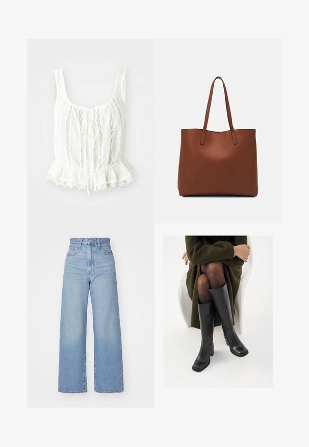 Hvit bluse med peplumkant, med blondekant, knytelukking og vertikale folder. Laget av lett, litt krøllete stoff.; Lys blå høytlivs vide jeans med knapp- og glidelås lukking foran, foran og bak lommer, på en hvit bakgrunn.; Knæhøye sorte lærstøvler med firkantet tå og blokkhelt, vist med en modell som sitter iført en olivengrønn kåpe. Glatt tekstur, minimal detaljering.; Brun lær tote veske med en jevn tekstur, åpen toppdesign og to skulderstropper. Har minimal søm og ingen synlige spiker.
