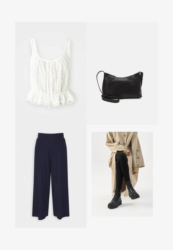 Bela bluza s peplum robom, ki ima čipkast rob, zapiranje s trakovi in vertikalne gubice. Narejena iz lahkotnega, rahlo nagubanega materiala.; Široke hlače iz temno modrega blaga z rebrasto teksturo. Imajo gladek pas in tekoč silhueto, ki seže do sredine tele.; Črne usnjene gležnjarje z vezalkami, povišano platformo in teksturiranimi črnimi legicami, nosijo z svetlo bež trench plaščem.; Črna usnjena torba čez ramo z gladko teksturo, ukrivljeno obliko, nastavljivim trakom in zadrgo. Minimalističen dizajn brez okrasnih detajlov.