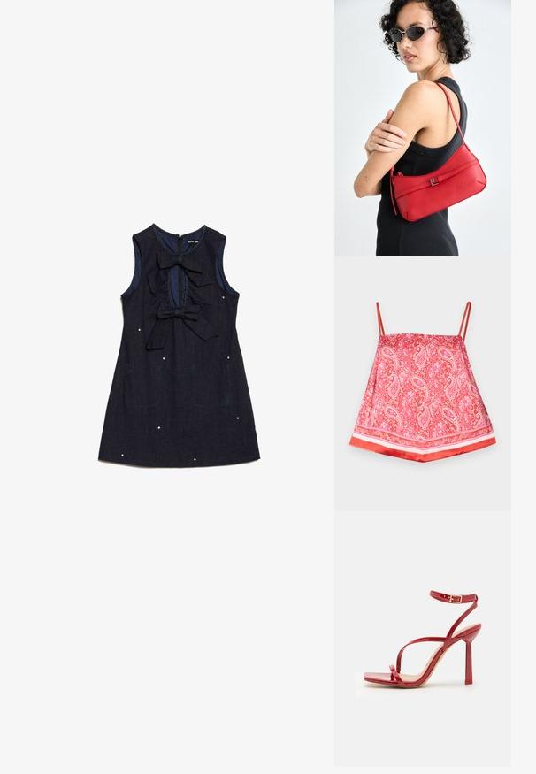 Rød sateng cami med paisleymønster, avrundede skulderstropper og en solid rød kant, glatt tekstur og dekorative detaljer.; Marineblå denimkjole med ermeløs design, to store sløyfer foran og dekorative hvite prikker. Har glidelås bak.; ALDO SCINTILLA - Sandaler med høye hæler - red; Rød lær skulderveske med en glatt tekstur, buet design og en dekorativ spenne. Justerbar stropp og glidelås-lukking.